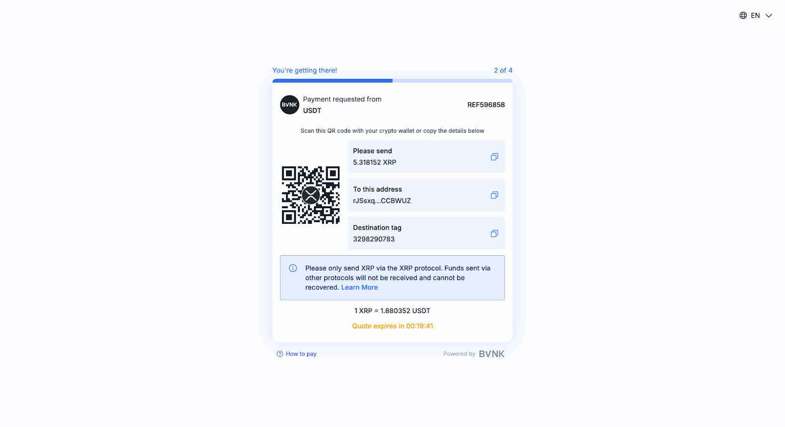 Destination tag shown on the hosted payments page for a deposit