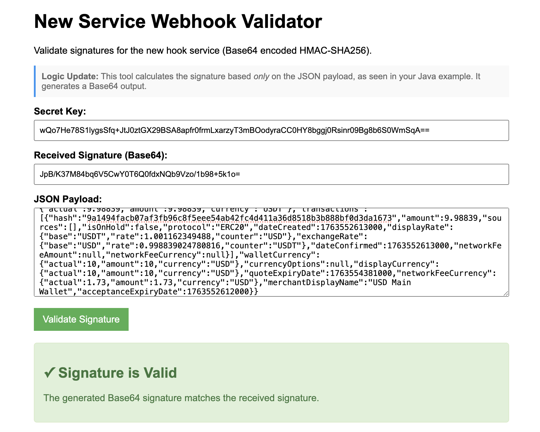 Example of successful signature validation