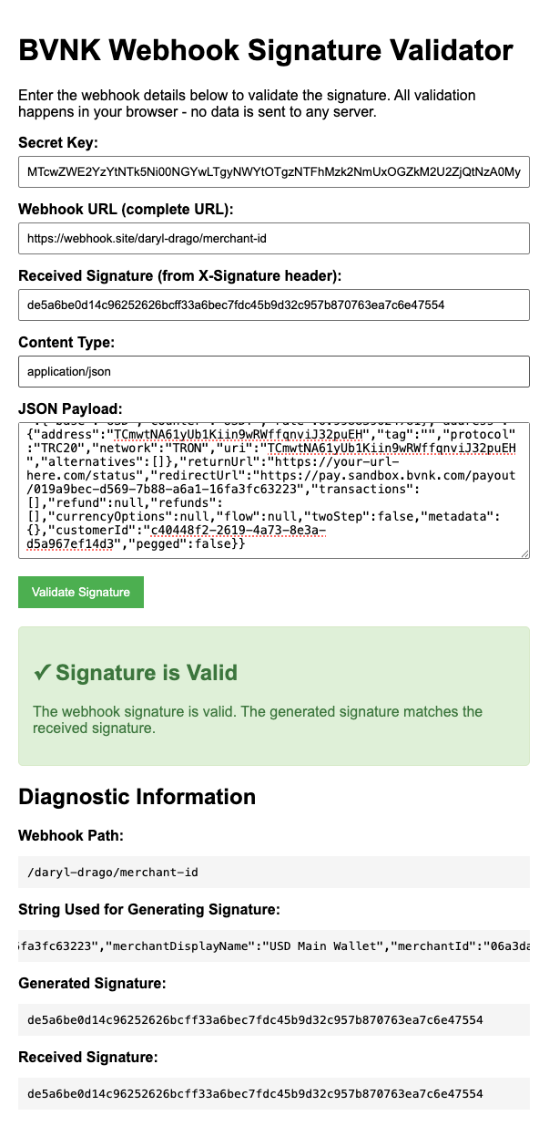 Example of successful signature validation